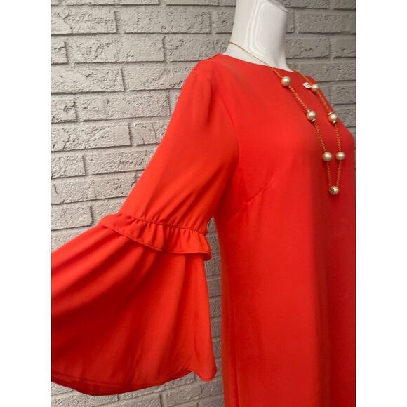 Banana Republic Women Red 3/4 Length Ruffle Sleeve Shift Dress Size 8 - Picture 5 of 8